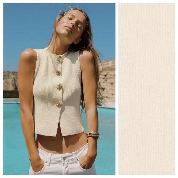 Zara Tops - NWOT. Zara Light Beige Gold Buttons Knit Top. Size S.